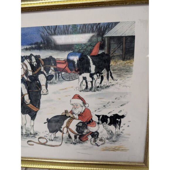 Jane McClure Jane's Prints Santa Claus with Pig Cows Sleigh Farm Framed Print - Picture 2 of 4